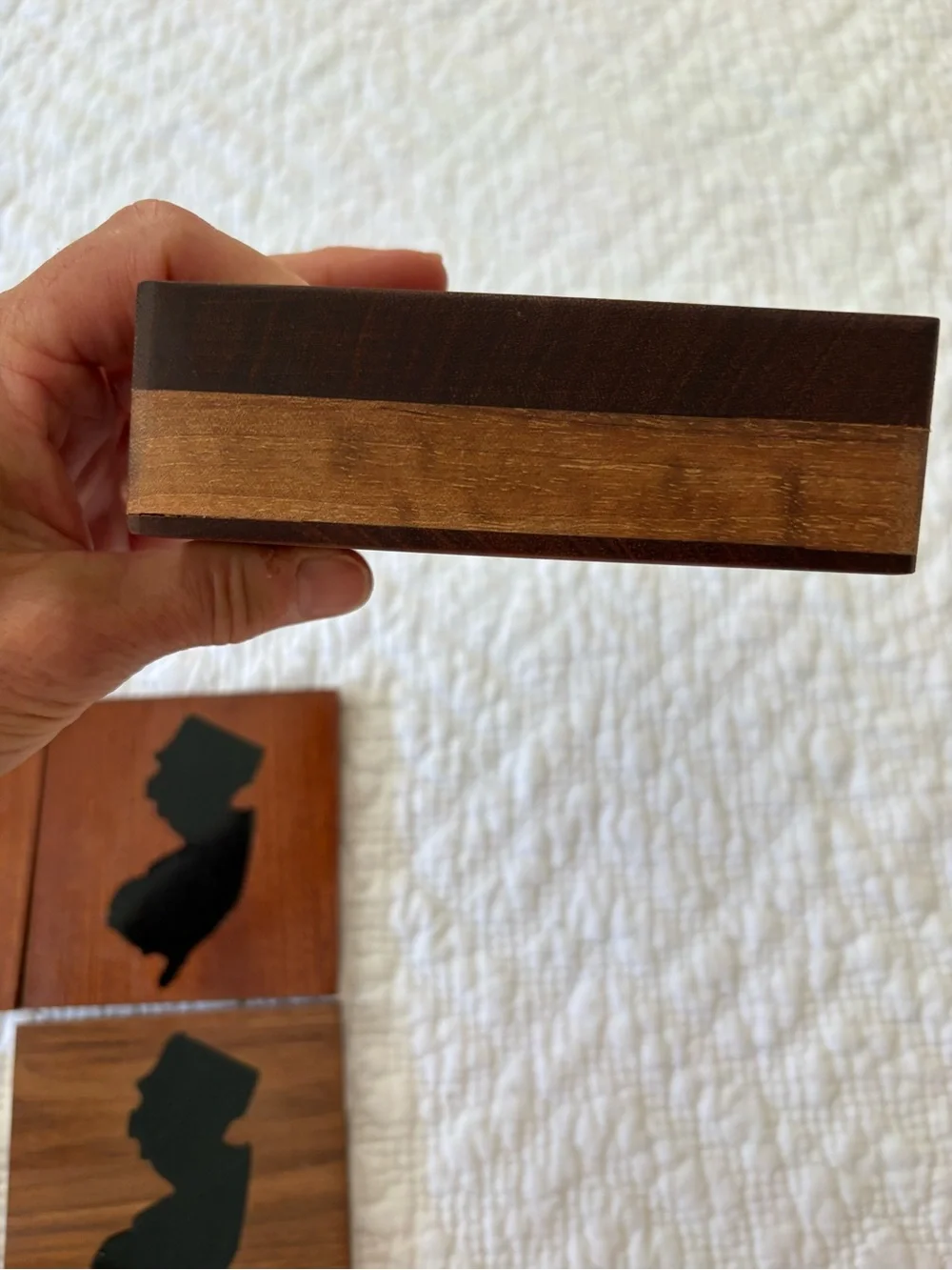 New Jersey wood coaster set. Black NJ silhouette on wood. 5 + holder.